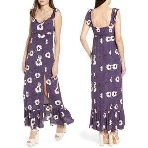 Leith A-Line Maxi Slit Ruffle Sleeveless Dress Women's Medium Purple Floral